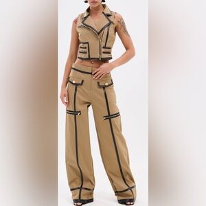 NWT AKIRA Tan and black trim Women's wide leg Pants & vest Set size L